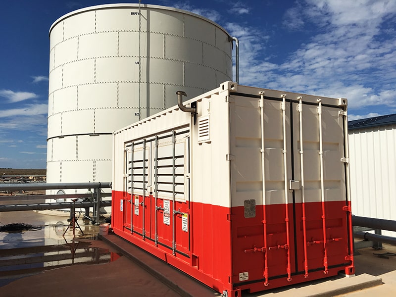 A single containerised fire pump delivered complete, ready for immediate installation on simple foundations