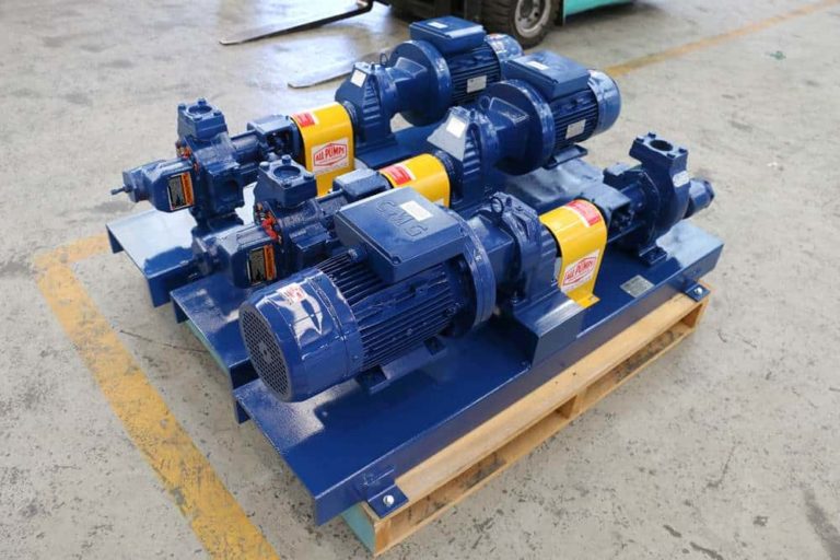 Three blue rope gear pumps on a box ready for delivery