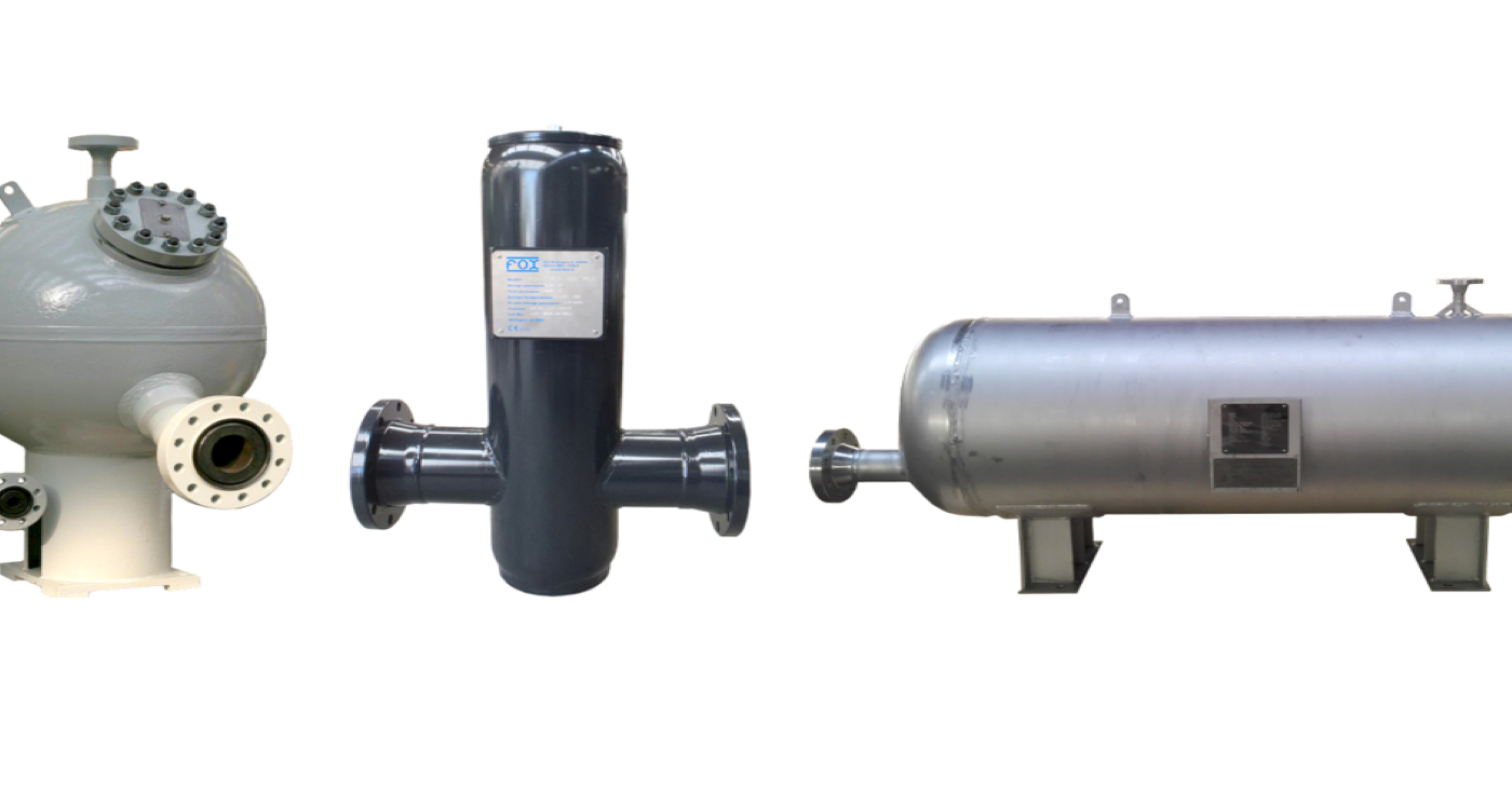 Set of three industrial FOX brand heavy machinery components: a grey industrial strainer, a black T-style filter vessel, and a stainless steel pressure vessel used in critical fluid filtration