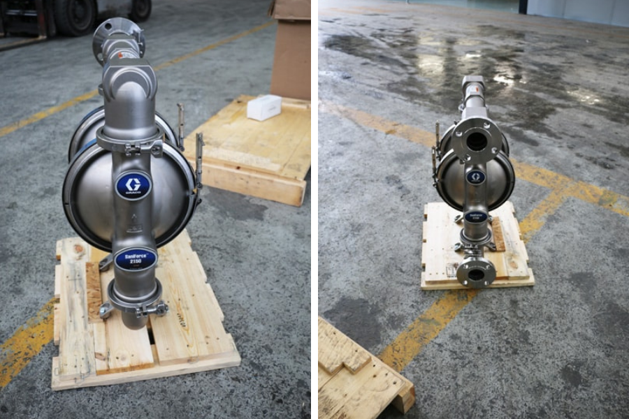 Dual image of the Graco Saniforce 2150 AODD pump, showcasing the stainless steel sanitary pump for high-purity fluid transfer and process applications