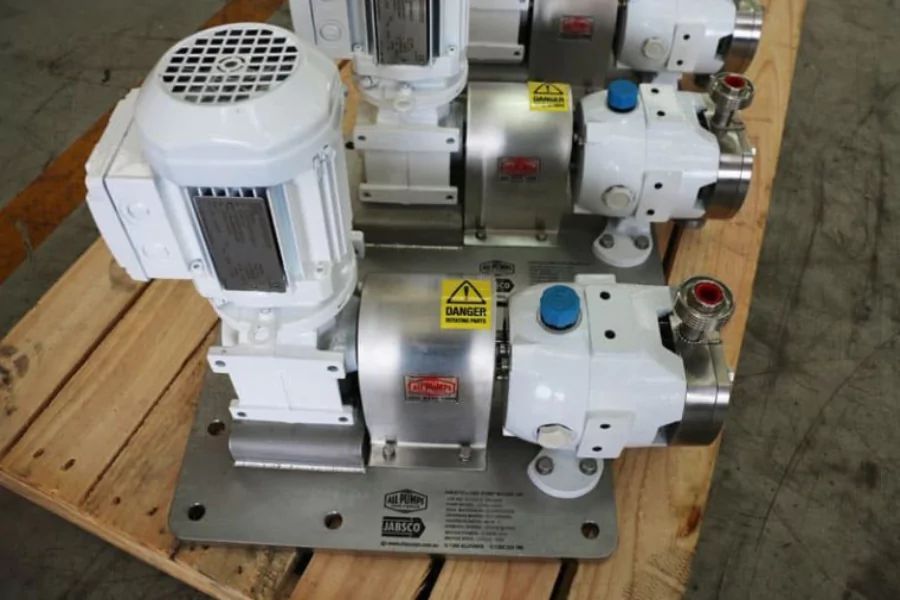 Two white hygienic lobe pumps on a single skid, showing the All Pumps and Jabsco branding; these positive displacement pumps are engineered for sanitary and gentle handling of viscous food products