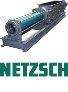 Industrial Netzsch progressive cavity pump unit with green branding, mounted on a steel skid, used for heavy-duty fluid transfer and sludge processing.