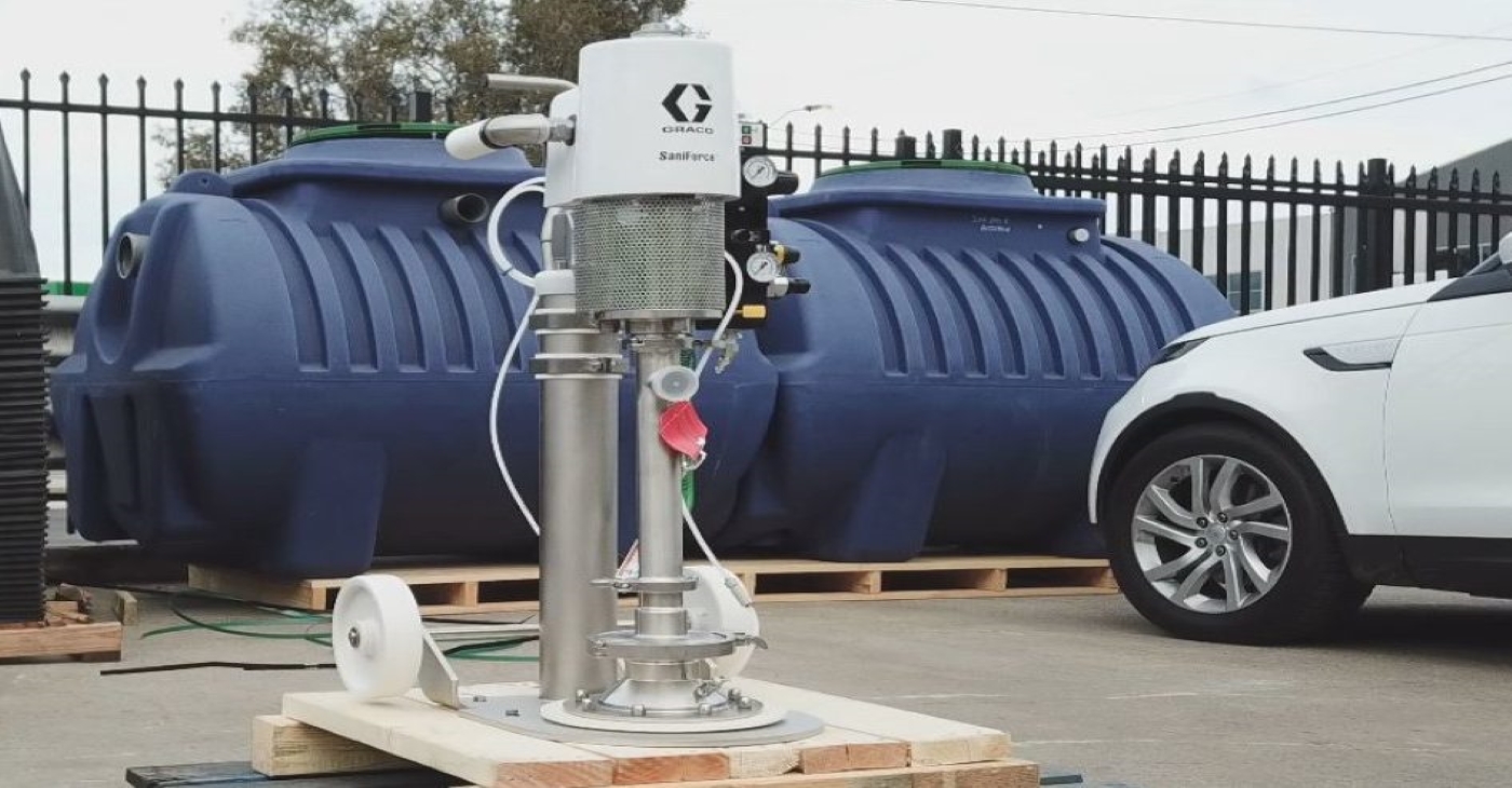 Graco Saniforce 6:1 ratio stainless steel pail unloader pump system on a portable skid base for high-viscosity hygienic transfer of ingredients from drums or pails