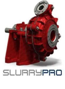 Close-up of a powerful red SlurryPro centrifugal slurry pump with a large flange connection, built for corrosive and abrasive industrial liquids.