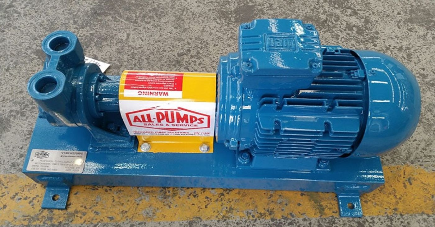 Blue Tuthill C-Series external gear pump mounted on a base plate with an electric motor, a positive displacement solution for transferring petroleum products, solvents, and lubricants