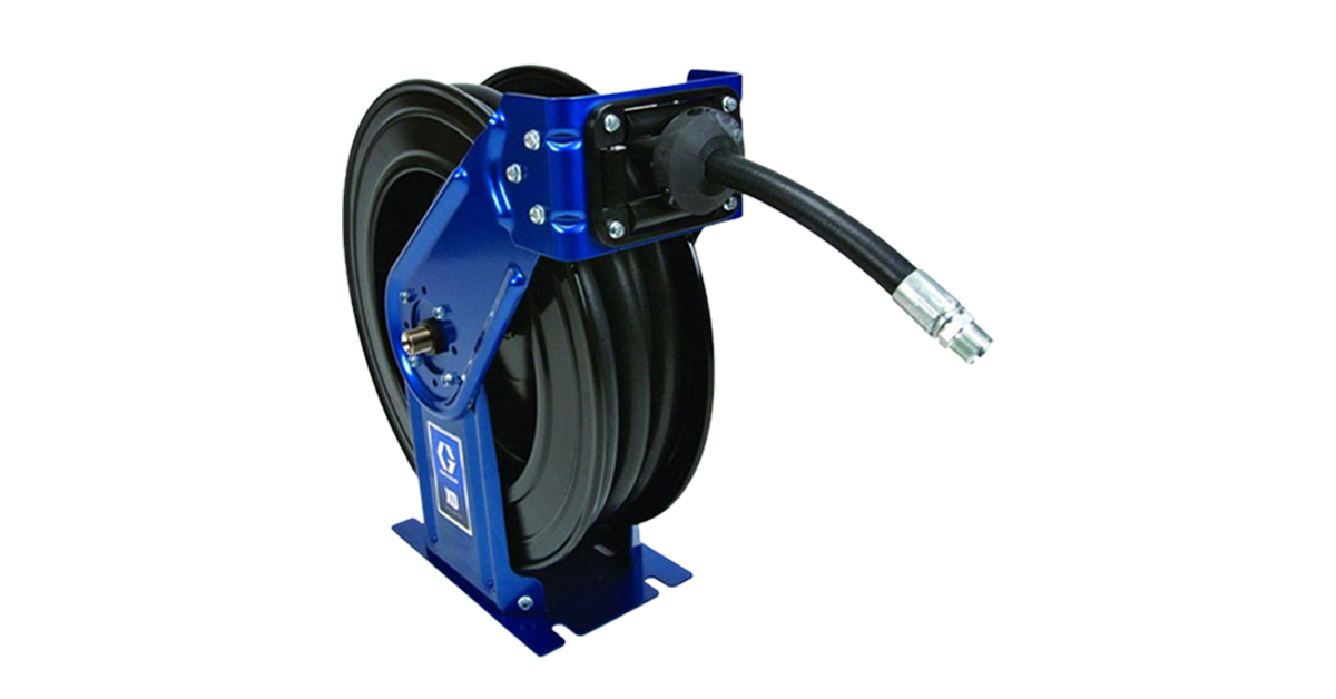 a blue retractable hose reel and a black rubber hose