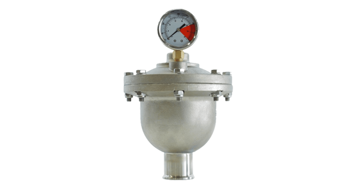 A metal pressure valve with a red and white dial, used to control and regulate pressure in a system.