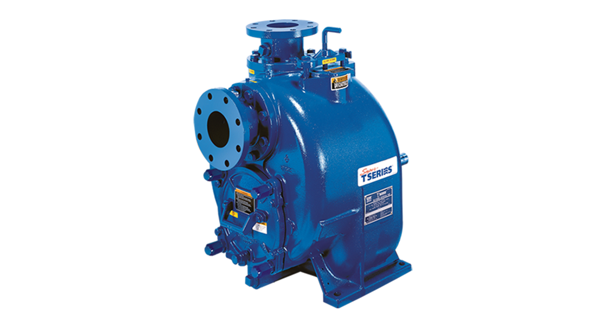 A blue self priming pump on a white background
