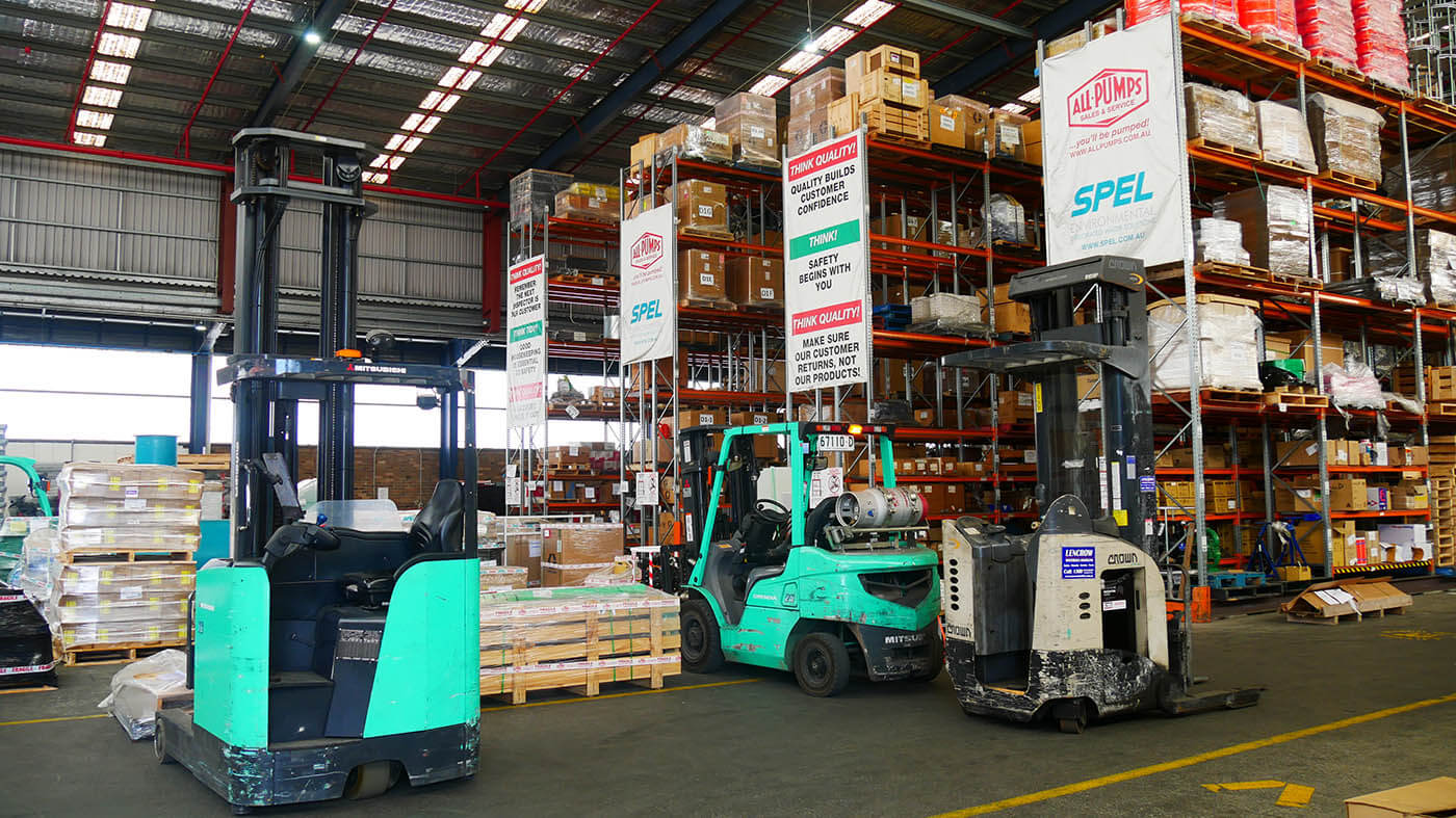 All-Pumps warehouse supplier of pumps shelves and forklifts