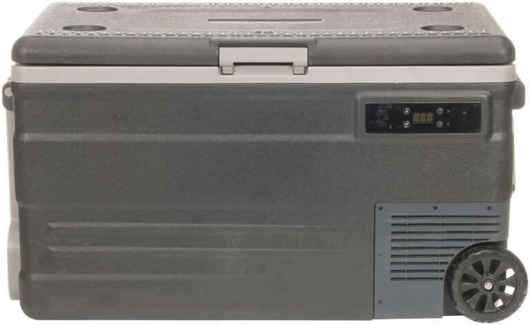 a gray 74 liter brass monkey portable fridge and freezer in 1