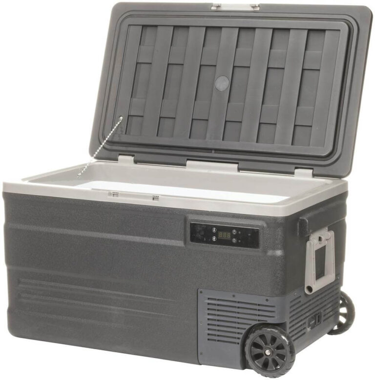 a gray 74 liter brass monkey portable fridge and freezer in 1