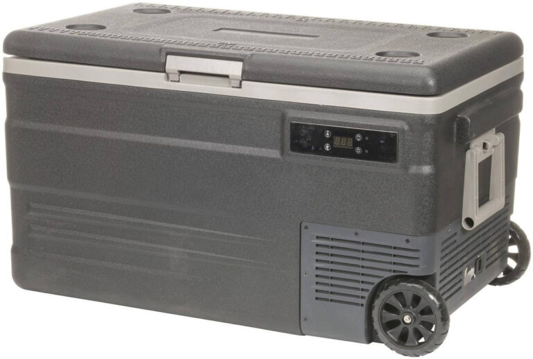 a gray 74 liter brass monkey portable fridge and freezer in 1