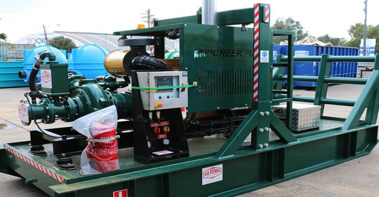 Mounted Green Pioneer Diesel dewatering pump on a skid plate