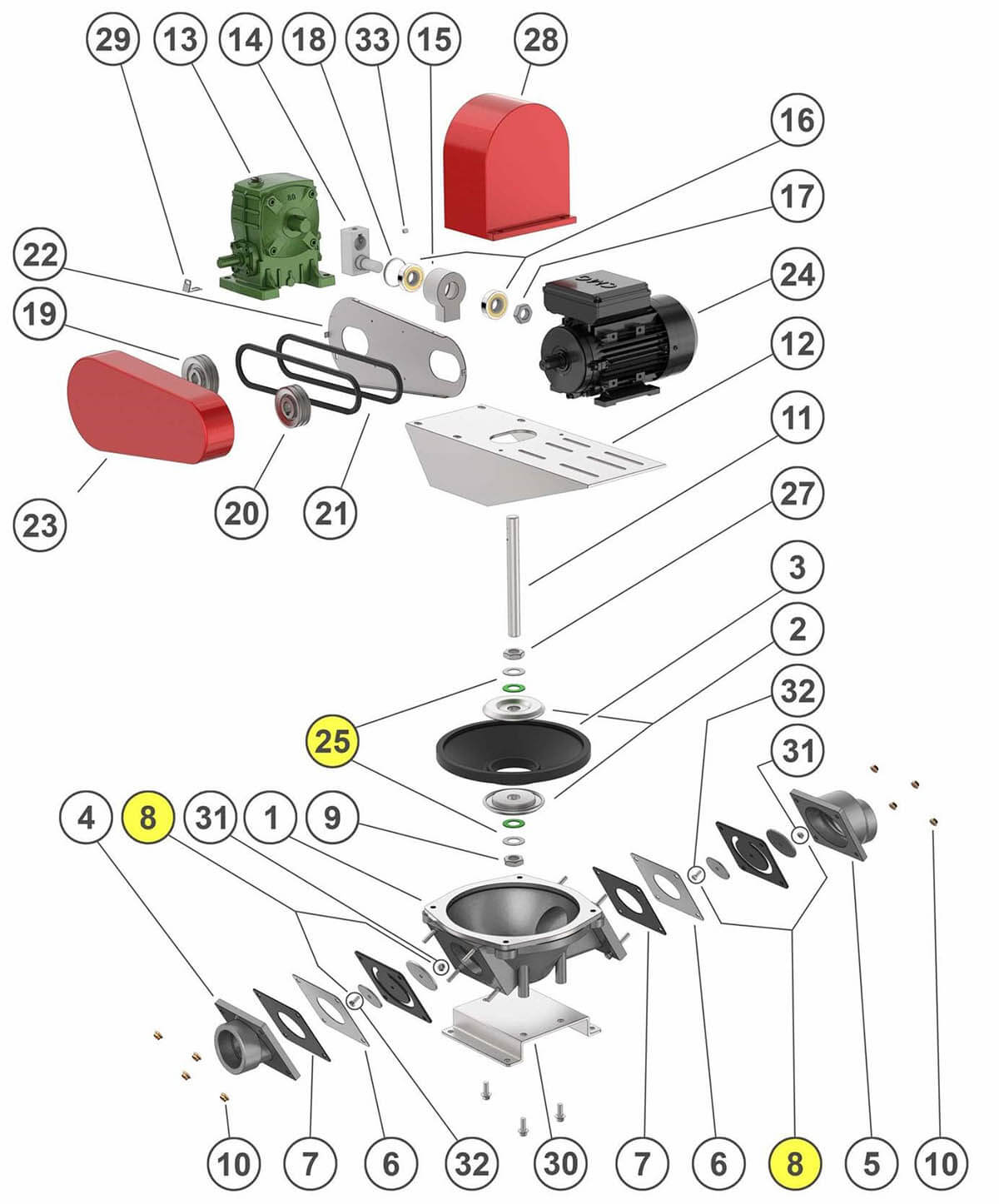 KDP mechanical diaphragm parts breakdown with item number and parts description