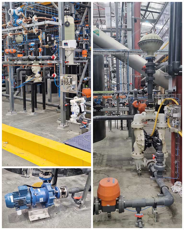 Graco diaphragm pump with Blacoh pulsation dampeners, FTI magnetic drive pumps Grundfos metering pumps used as Chemical pumps for an urban mining project