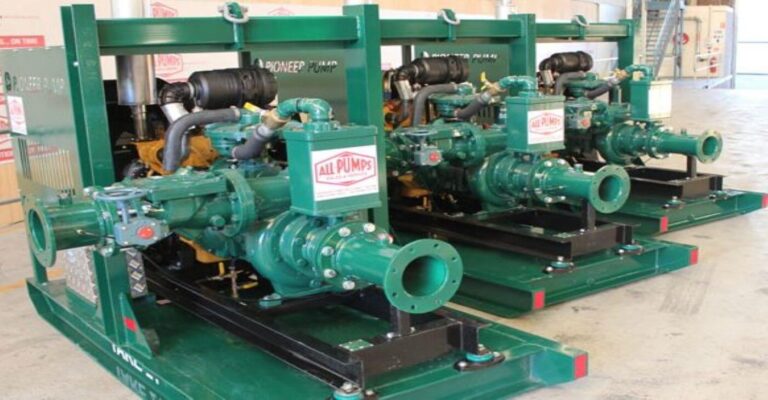 Three green Pioneer Diesel Pumps for mine dewatering