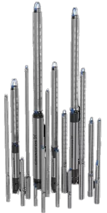 Group of stainless steel Grundfos SP submersible borehole pumps in various sizes for deep well water supply, irrigation, and mining dewatering applications; available from all-pumps