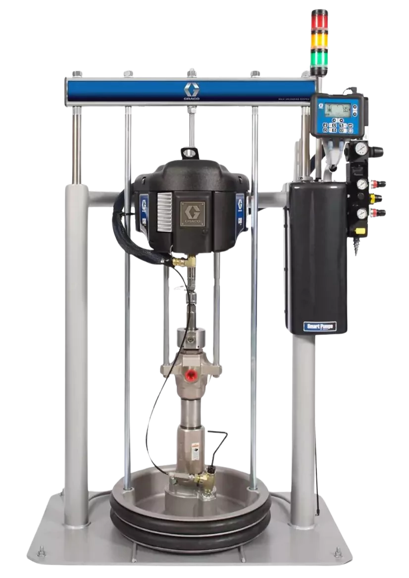 Large Graco Check-Mate supply system used for high-volume material transfer and extrusion of extremely viscous fluids like sealants and adhesives in manufacturing