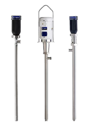 Three stainless steel Graco Saniforce pneumatic drum unloader and transfer pumps designed for hygienic and high-viscosity fluid transfer in the food and beverage industry