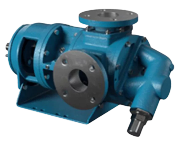 Blue industrial Tuthill Global Gear pump, a positive displacement pump used for reliable transfer of high-viscosity fluids like asphalt, oil, and adhesives in manufacturing and processing