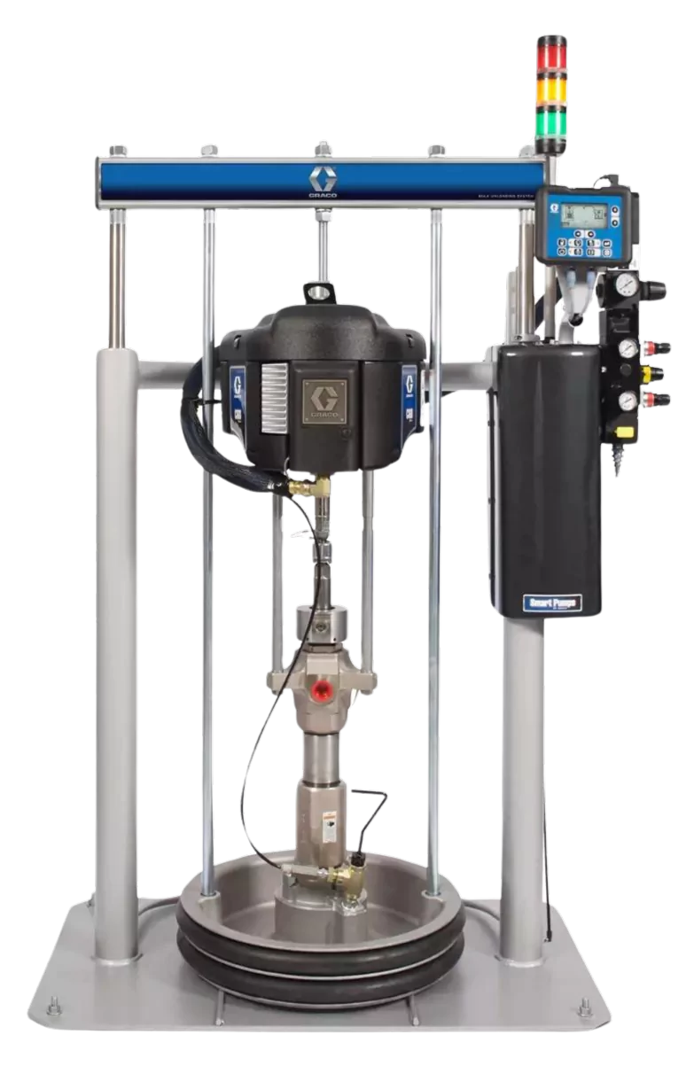 Graco Check-Mate pumps and supply system with Smart Pump controls, designed for high-viscosity fluid transfer and precision material dispensing. Features pneumatic piston pump technology, electronic monitoring, and automated safety controls for industrial coating and lubrication applications.