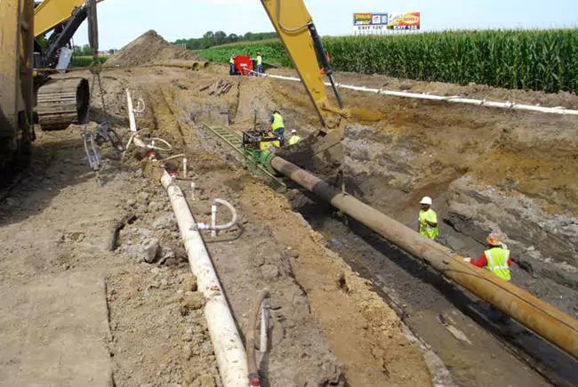 Global Pump GSC Wellpoint system in use during underground pipeline installation. Excavators and workers manage drainage and soil stability around large-diameter pipes.