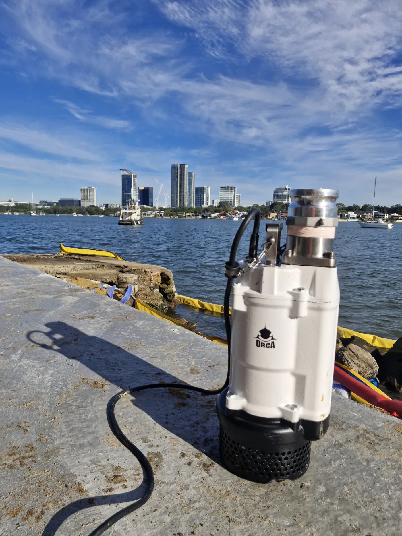 Heavy-duty industrial Orca submersible pump built with high-chrome wear components for abrasive fluid dewatering and high-solids slurry transfer in demanding mining, quarrying, or construction sites.