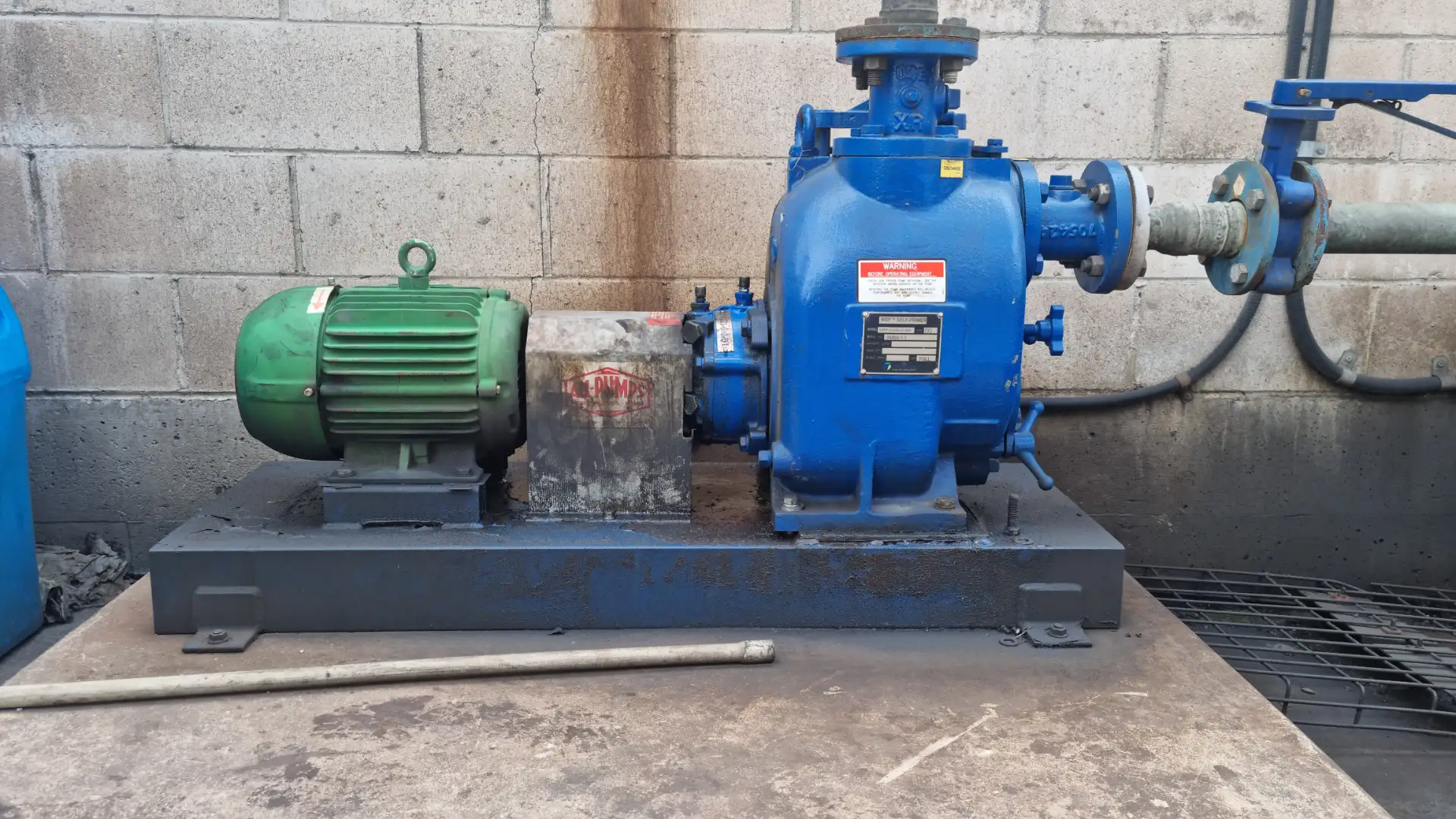Blue Trillium WSP pump connected to pipeline, paired with a green electric motor and All-Pumps labeled drive guard in an industrial setup.