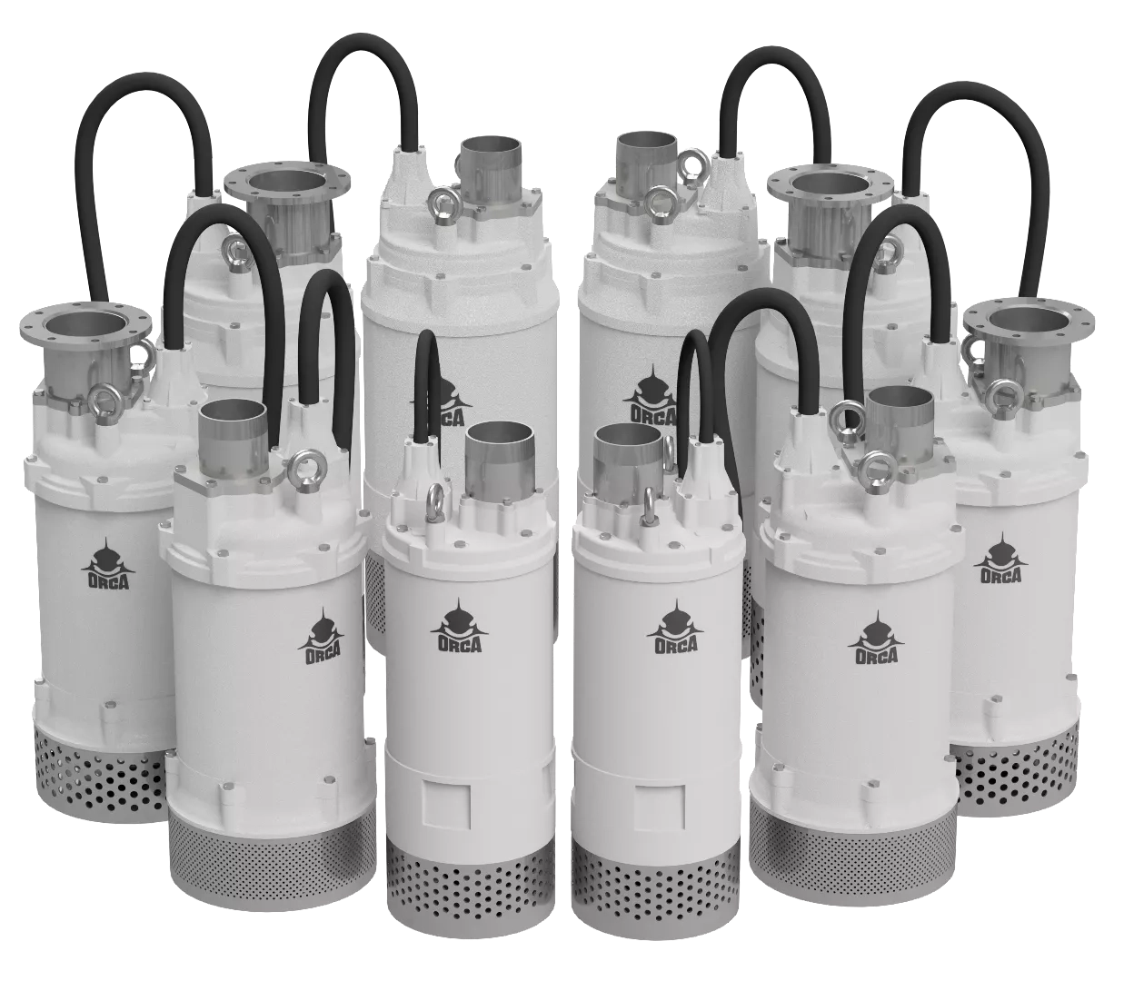 Lineup of Orca HighHead Series heavy-duty dewatering pumps in white, featuring multiple models with robust metal casings, discharge outlets, and lifting eyes. Engineered for high-head water removal in demanding construction, mining, and industrial applications.