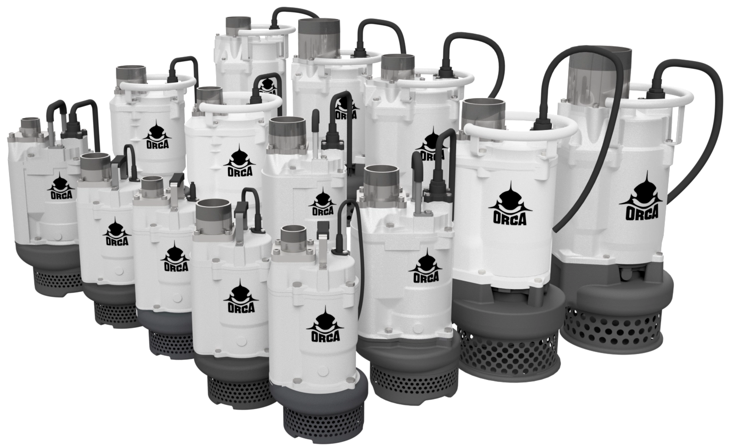 Group lineup of Orca Siltmaster Series heavy-duty dewatering pumps in white and grey finish, designed for silt and slurry management in construction, tunneling, and mining environments. Features durable casings, reinforced suction strainers, and efficient motor housings for reliable sediment control.