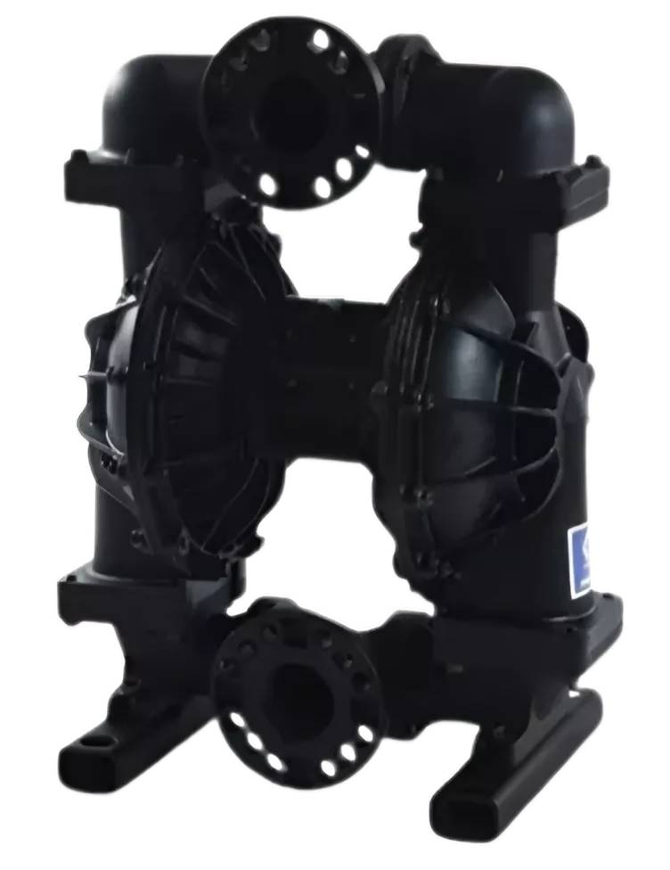 Graco Husky 3300 air-operated double diaphragm (AODD) pump in black polymer construction, shown from the front with flanged inlet and outlet ports.