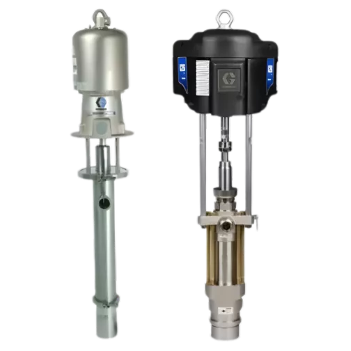 Two Graco Senator Series pneumatic piston pumps side-by-side, featuring stainless-steel and industrial-grade construction.