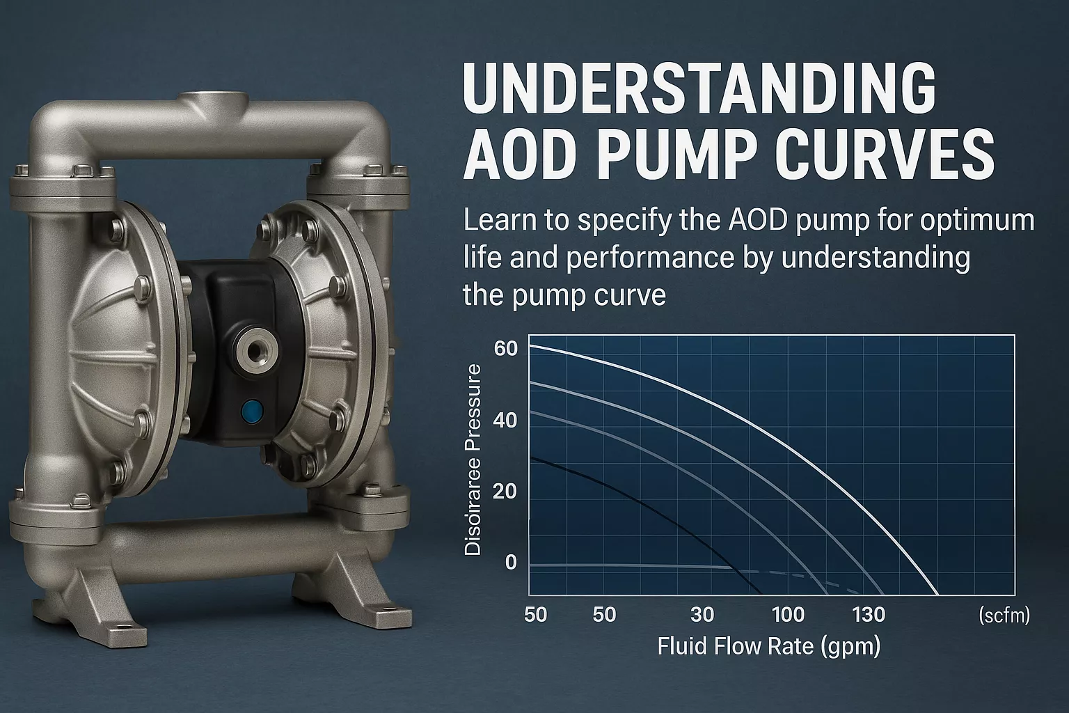 Hero banner showing a metallic air-operated double-diaphragm (AOD) pump beside a simplified pump performance curve graph. The text &lsquo;Understanding AOD Pump Curves&rsquo; appears above explanatory copy about specifying AOD pumps for optimum performance.