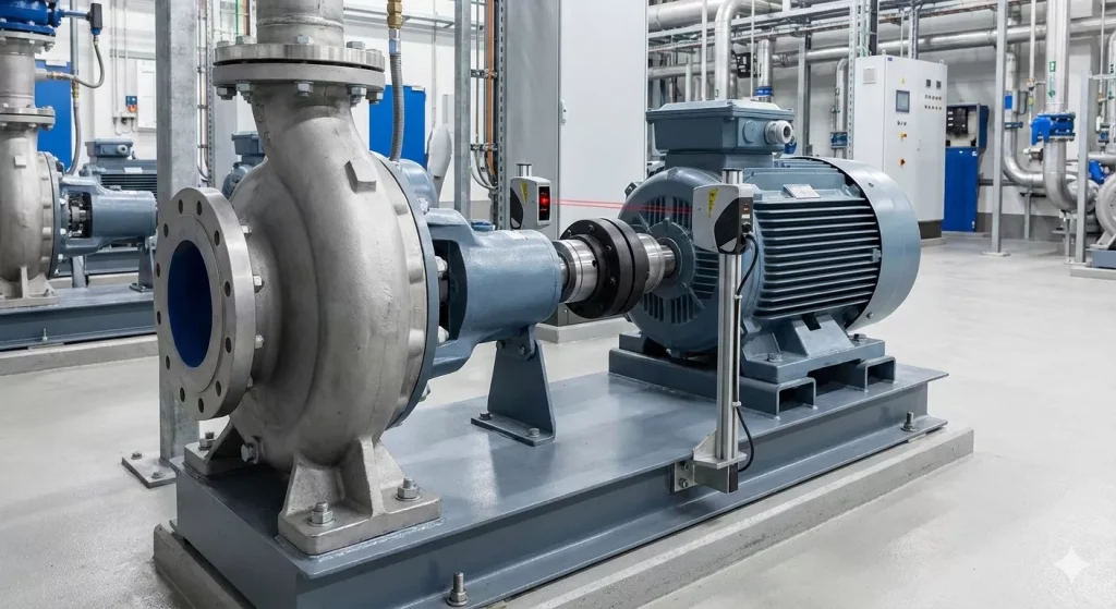 A high-resolution view of a heavy-duty centrifugal pump and electric motor mounted on a steel baseplate within a clean industrial processing plant. A modern laser shaft alignment tool is clamped to the coupling connecting the pump and motor shafts, emitting visible red laser beams to measure and correct misalignment during maintenance.