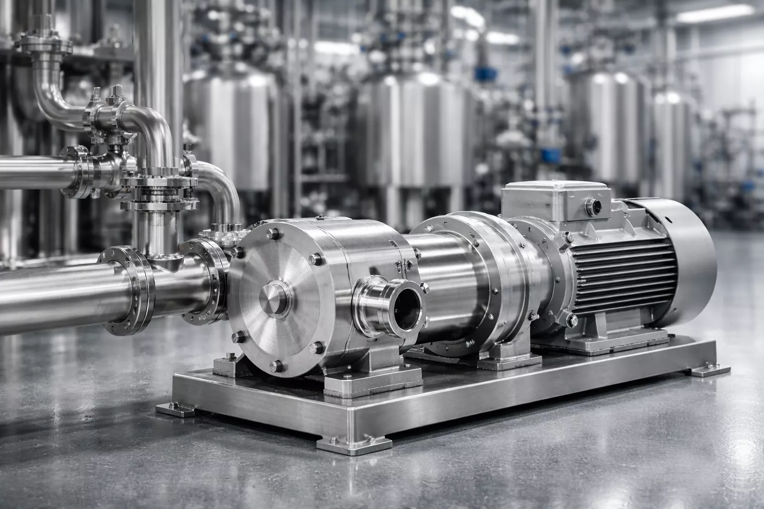 A high-quality industrial view of a stainless steel positive displacement pump installed within a chemical transfer piping system. The image illustrates a robust fluid handling solution designed for complex chemical applications, contrasting with standard centrifugal pump setups by highlighting heavy-duty construction for viscous and corrosive material transfer.