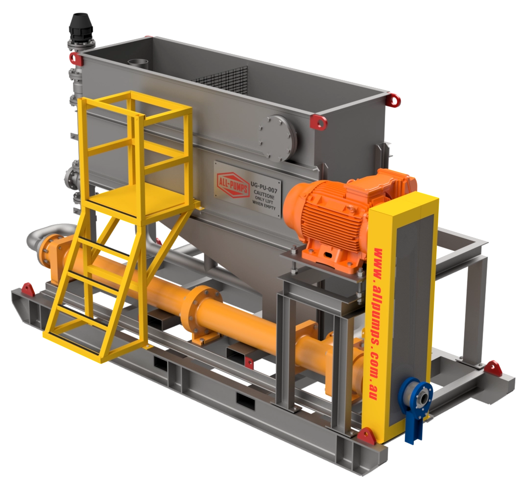 Rear view of CEMO Pumps slurry and dewatering system showing motor, piping, and skid-mounted design.