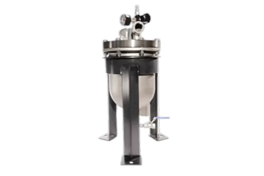 Tall metallic Blacoh vessel with fittings on top