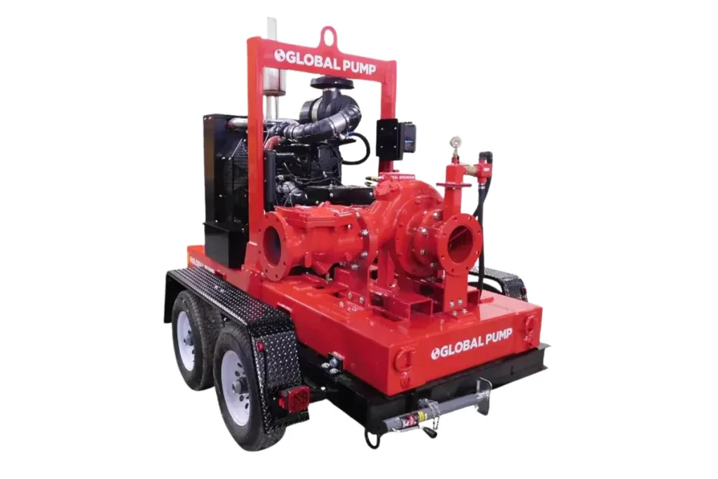Red Global Pump equipment inside a protective frame