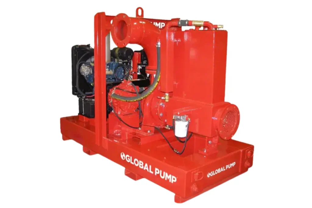 Red Global Pump unit inside a protective frame