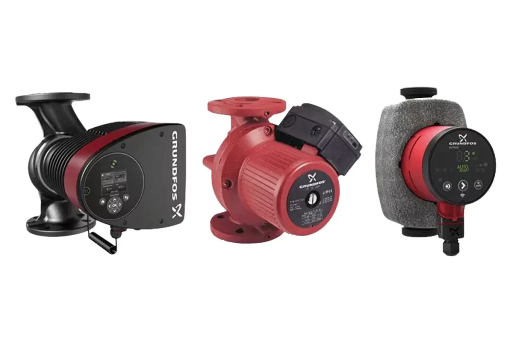 Red Grundfos pump units and controllers