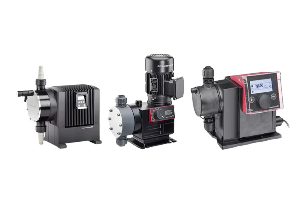 Assorted Grundfos pump units on a white background