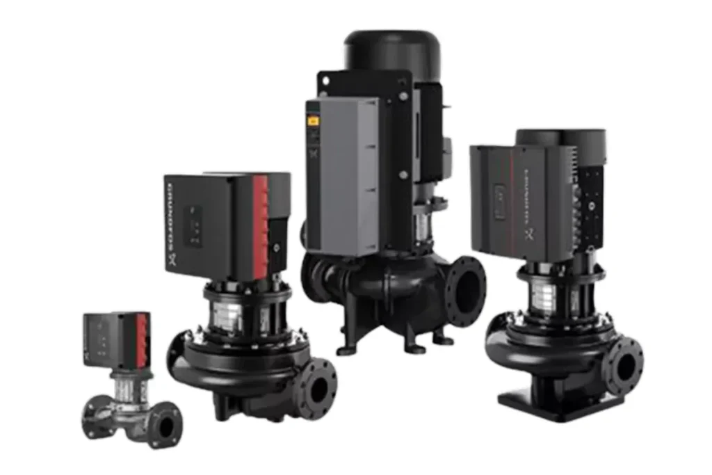 Several Grundfos inline pump and motor assemblies
