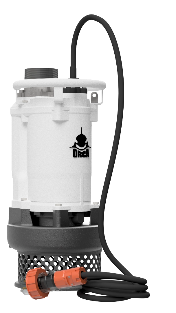 High-performance Orca submersible pump shown with power cable and orange industrial plug attachment.