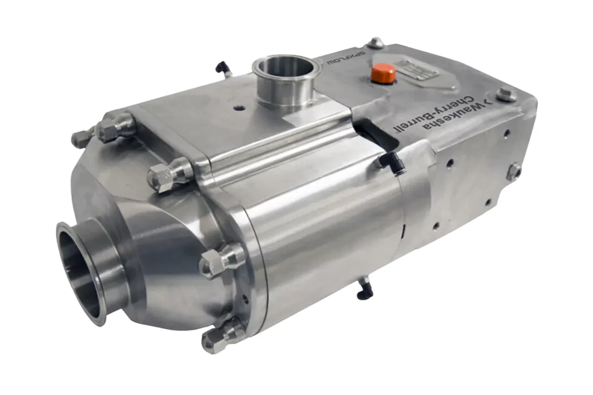 Silver Waukesha Cherry-Burrell pump housing with top inlet