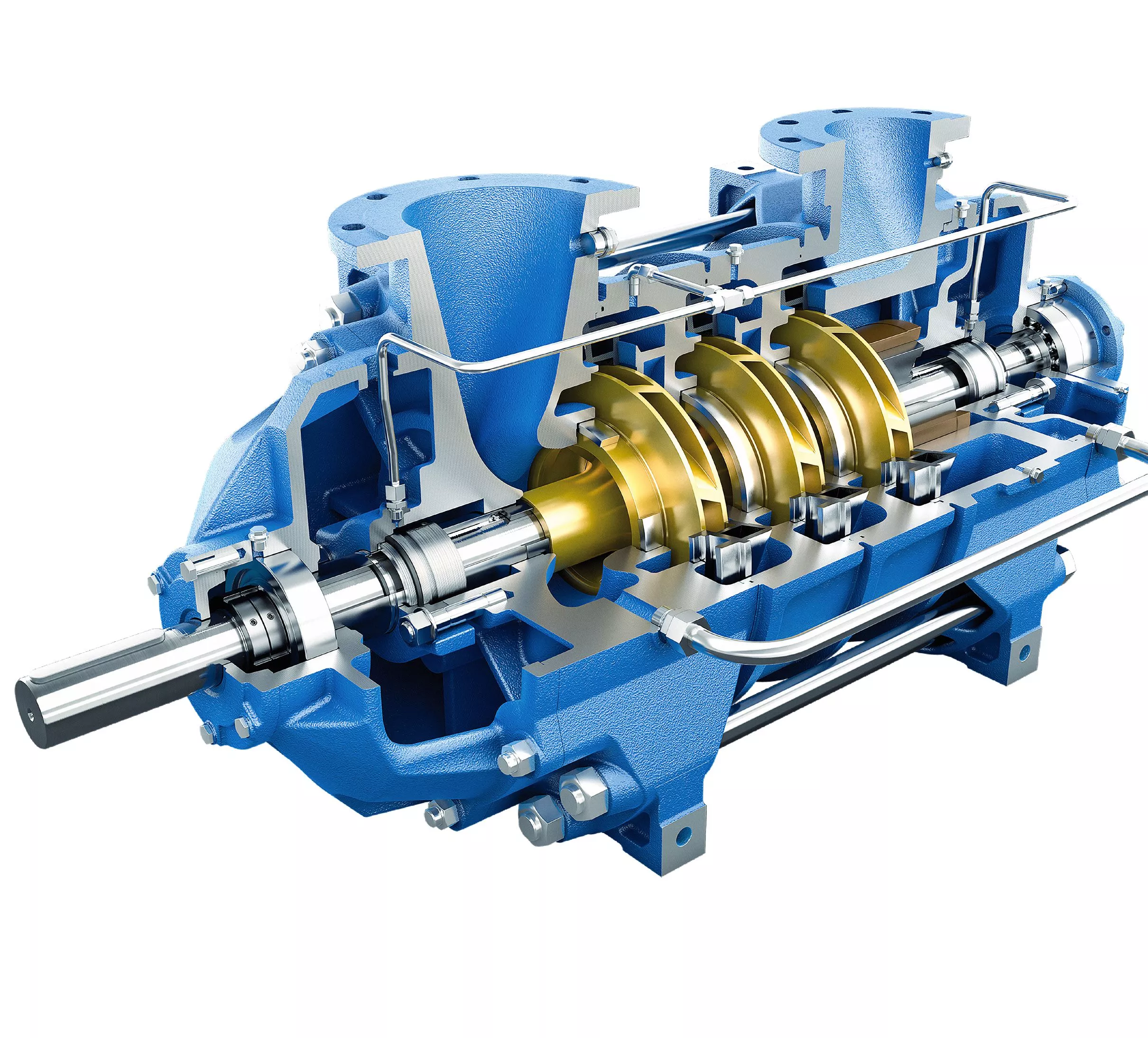 3D cutaway rendering of an ANDRITZ horizontal multi-stage centrifugal pump displaying internal impeller stages, shaft assembly, mechanical seal, bearing housings, and seal flush piping system