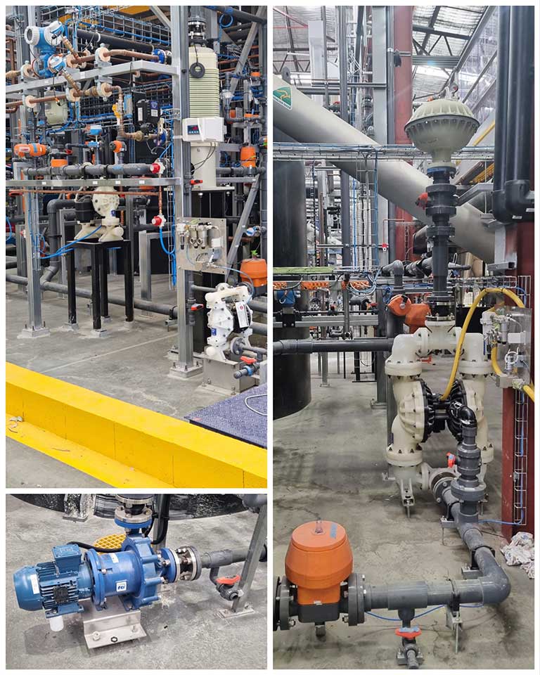 Industrial chemical pumps installed in a plant
