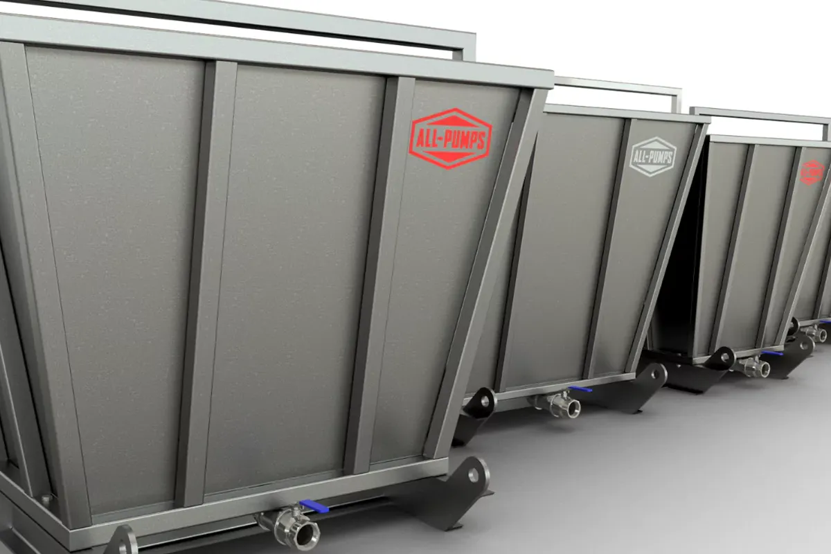 Silver rectangular fish tanks lined up outdoors