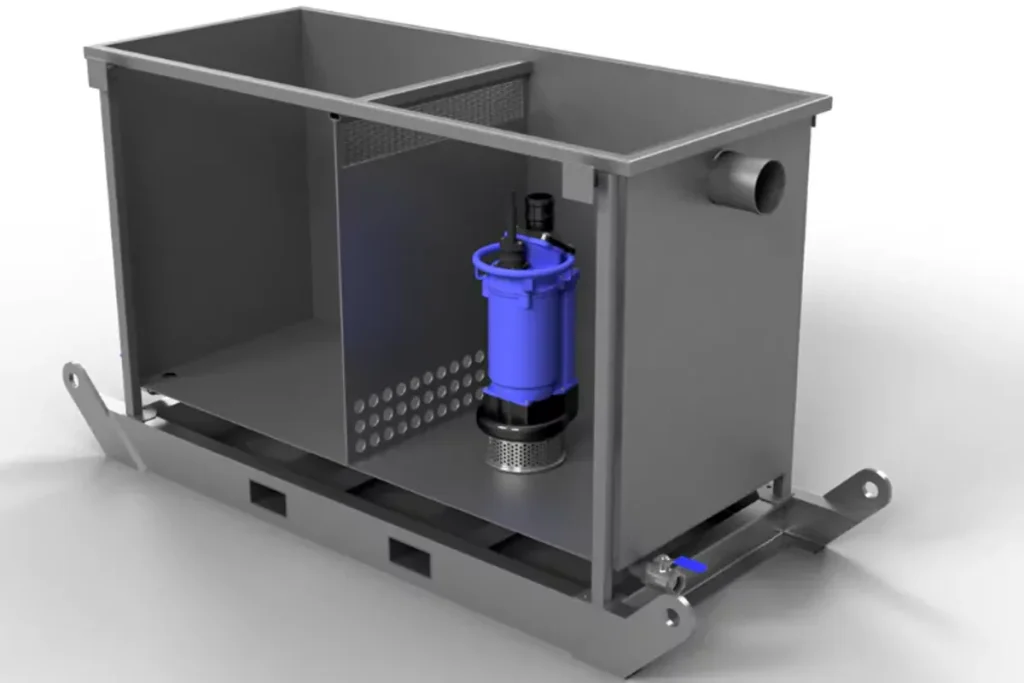 Rectangular gray fish tank with blue pump inside