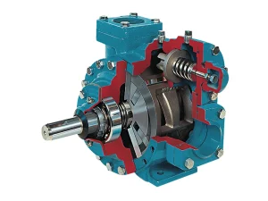Blackmer pump cutaway with red and blue internal parts