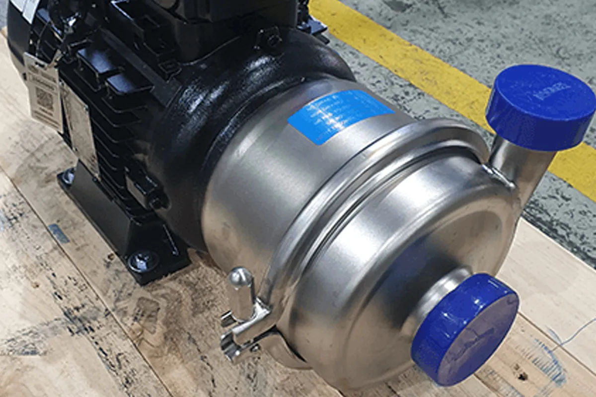Close-up of an Inoxpa pump and motor assembly